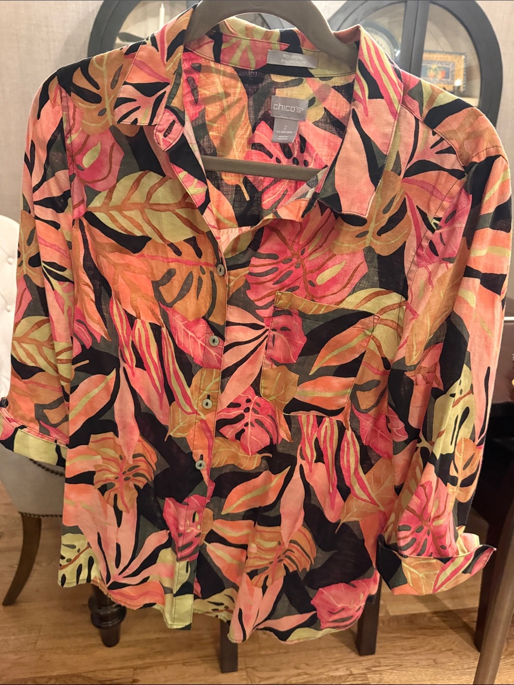 Chico's Coral, Orange & Black Tropical Leaf Button-Front Shirt
